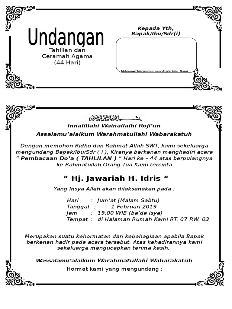 Contoh Undangan Tahlilan 40 Hari Meningg | PDF