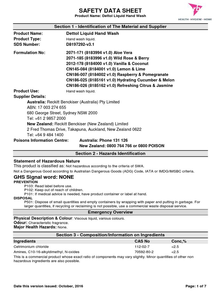 Dettol Handwash Msds PDF Toxicity Personal Protective Equipment