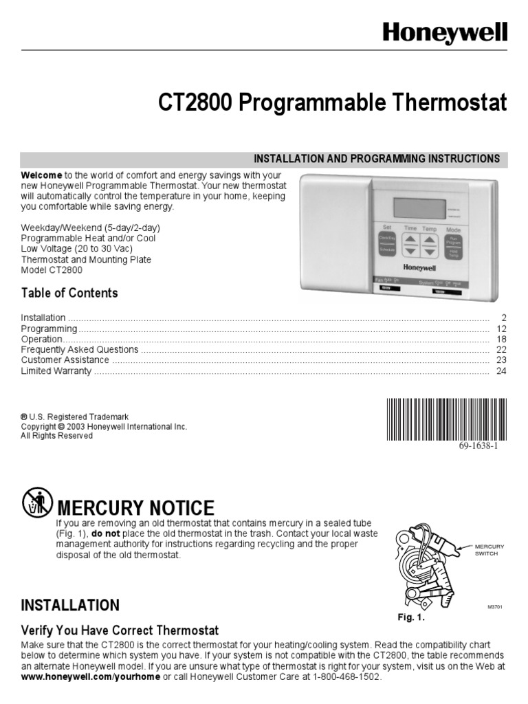 Honeywell Thermostat Manual | Thermostat | Furnace