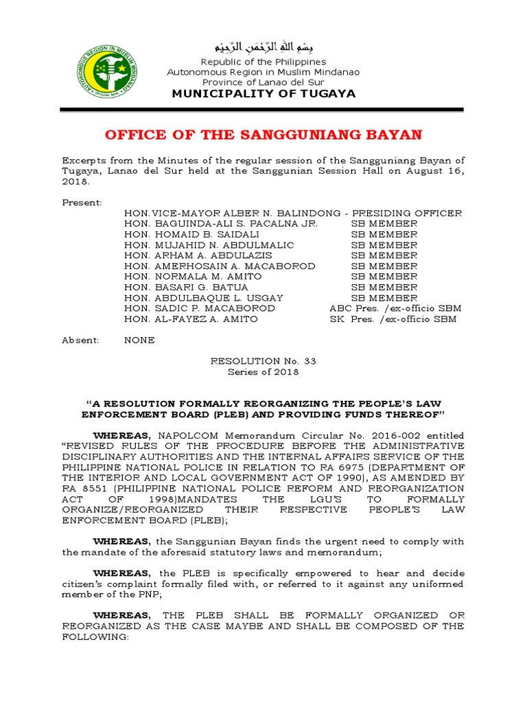 Tugaya PLEB Reorganization Resolution | PDF | Government | Justice