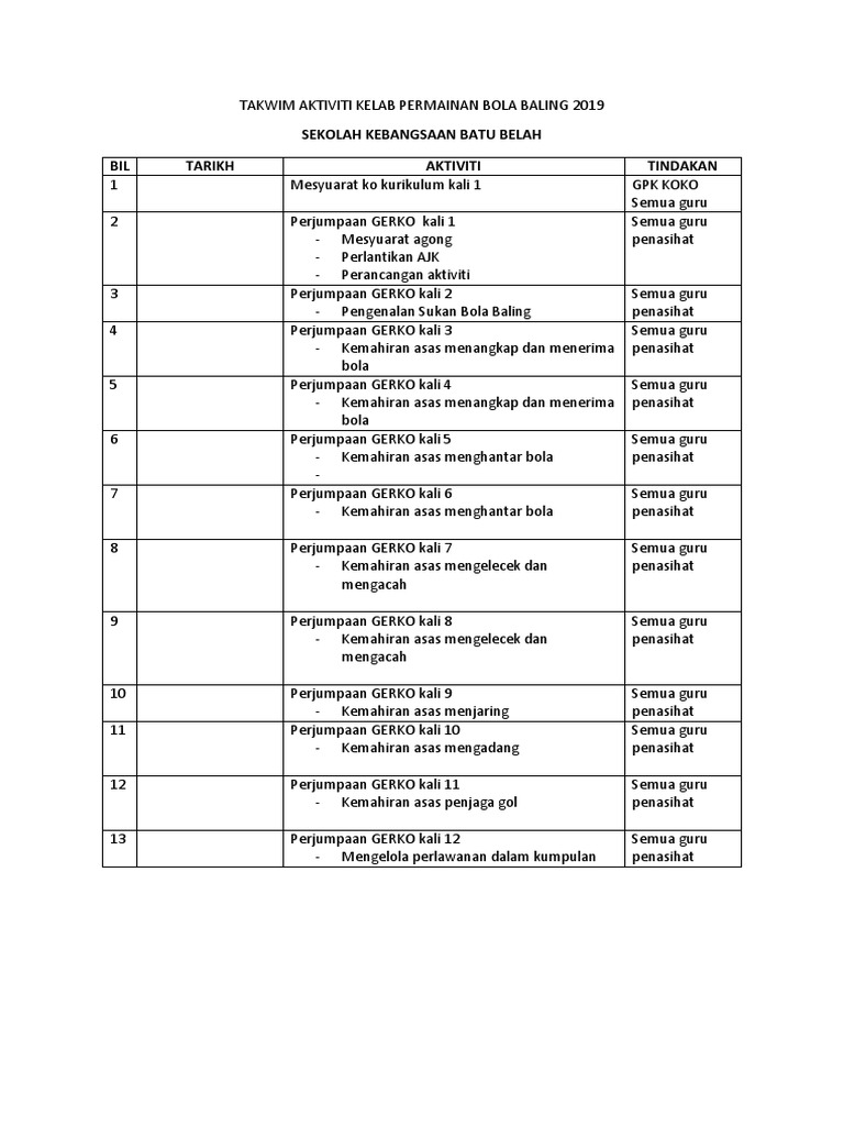 Takwim Aktiviti Kelab Permainan Bola Baling Pdf