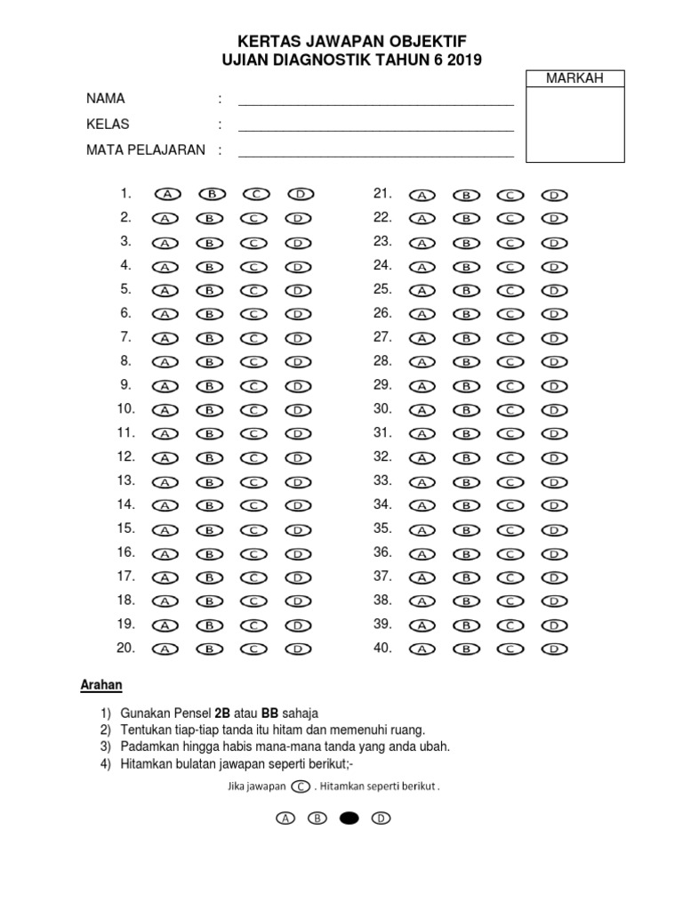 Kertas Jawapan Objektif 40 Soalan Anirasota