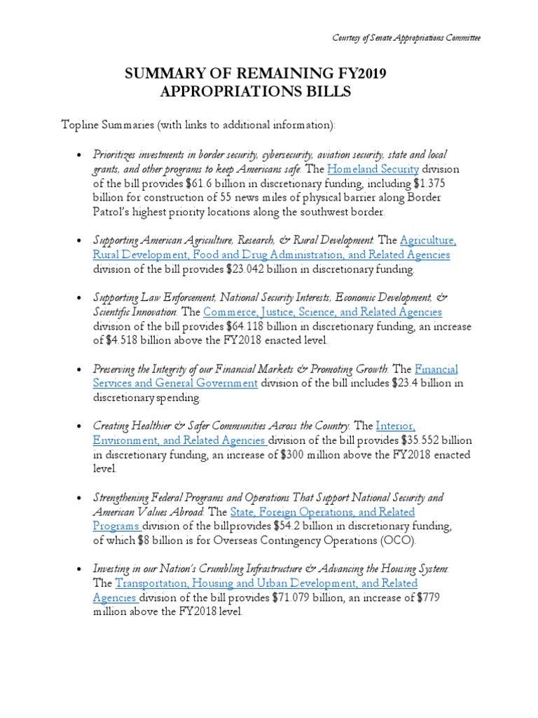 FY2019 Appropriations Bill Summary | PDF | U.S. Customs And Border ...