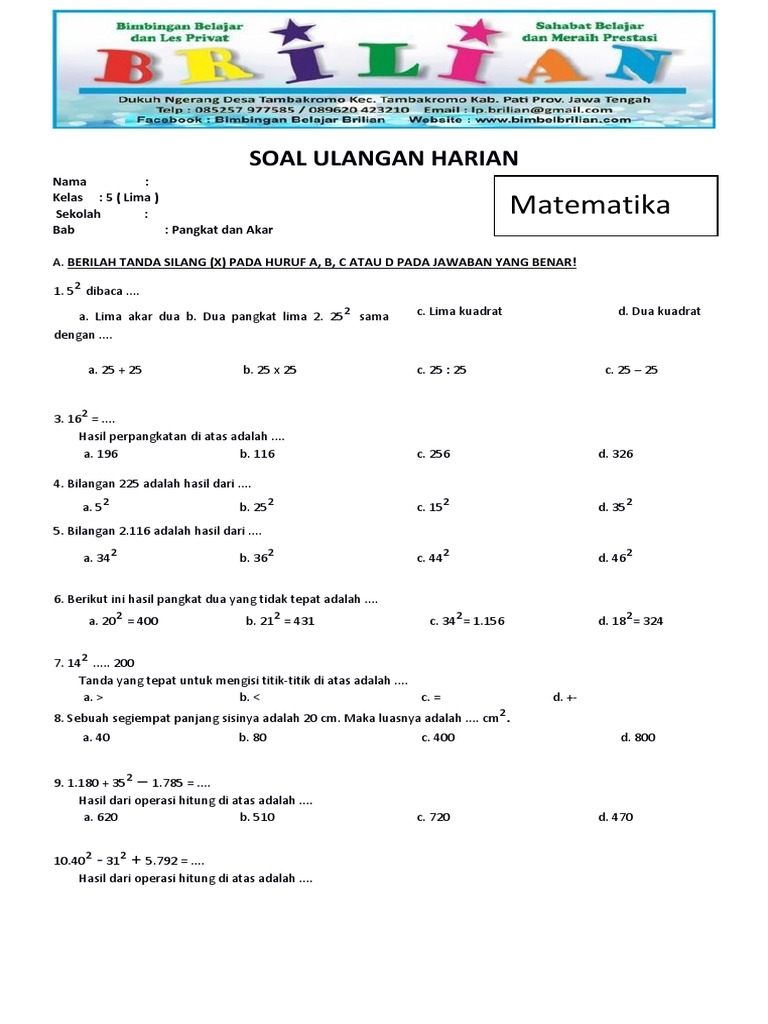 Soal Matematika Kelas 5 Sd Bab 2 Pangkat Dan Akar Bilangan Bulat Dan Kunci J