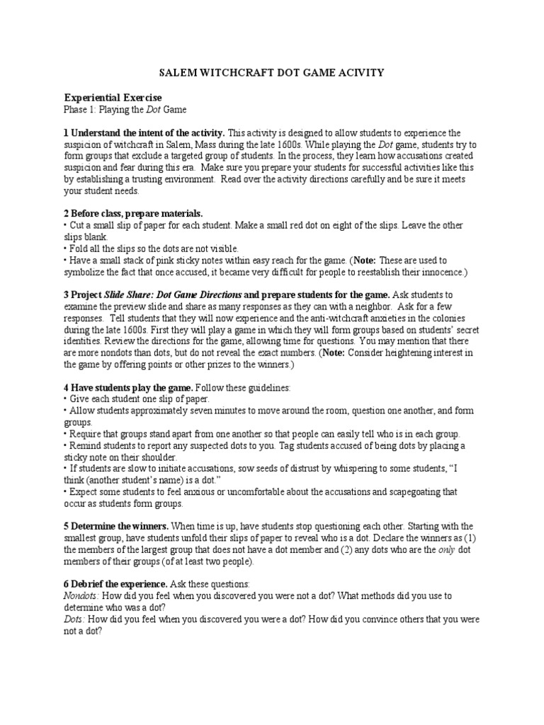 Salem Witchcraft Dot Game Acivity Experiential Exercise | PDF | Witchcraft  | Behaviorism