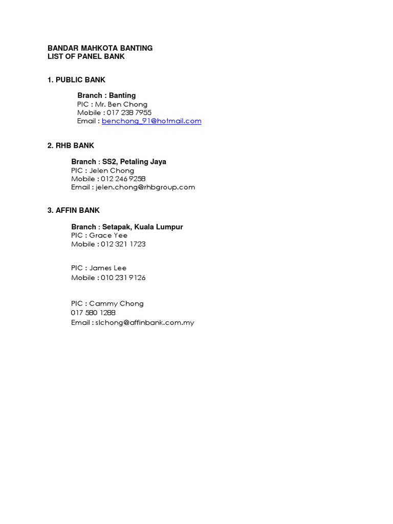 List Of Panel Bank 1b