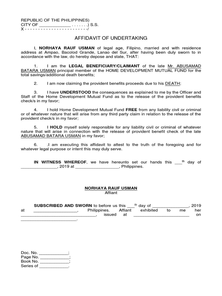 Affidavit of Undertaking for Death Benefits | PDF | Law