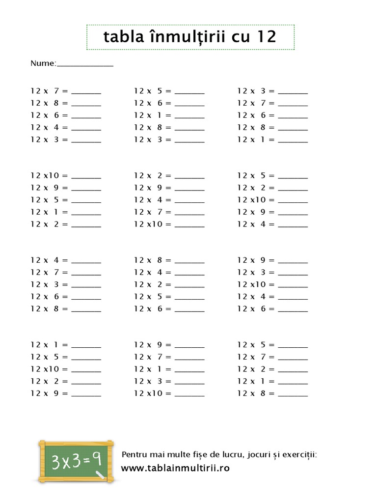 Fise de Lucru Cu Tabla Inmultirii Cu 12 ws4 PDF | PDF
