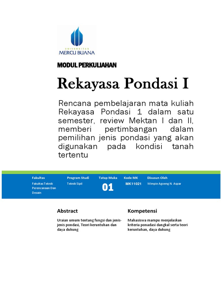 Wimpie Agoeng Noegroho Rekayasa Pondasi I 11021 Modul Rekayasa Pondasi I Tm1