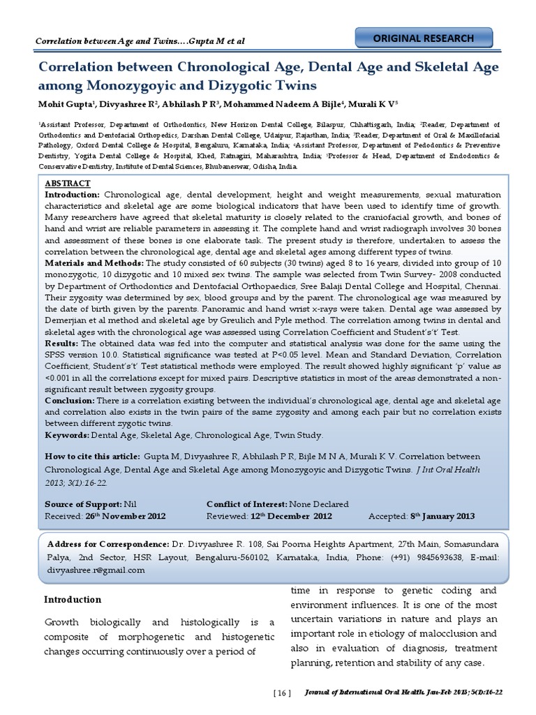 Correlation Between Chronological Age, Dental Age and Skeletal Age Among Monozygoyic and