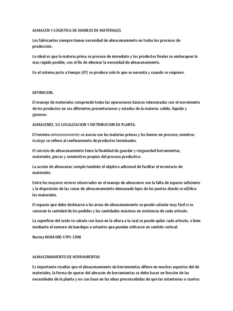 Manejo y Almacenamiento de Materiales | PDF | Almacén | Economias