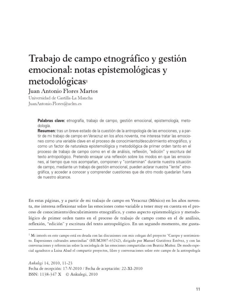 Juan Antonio Flores - Trabajo de Campo Etnográfico y Gestión Emocional -  Notas Epistemológicas y Metodológicas PDF | PDF