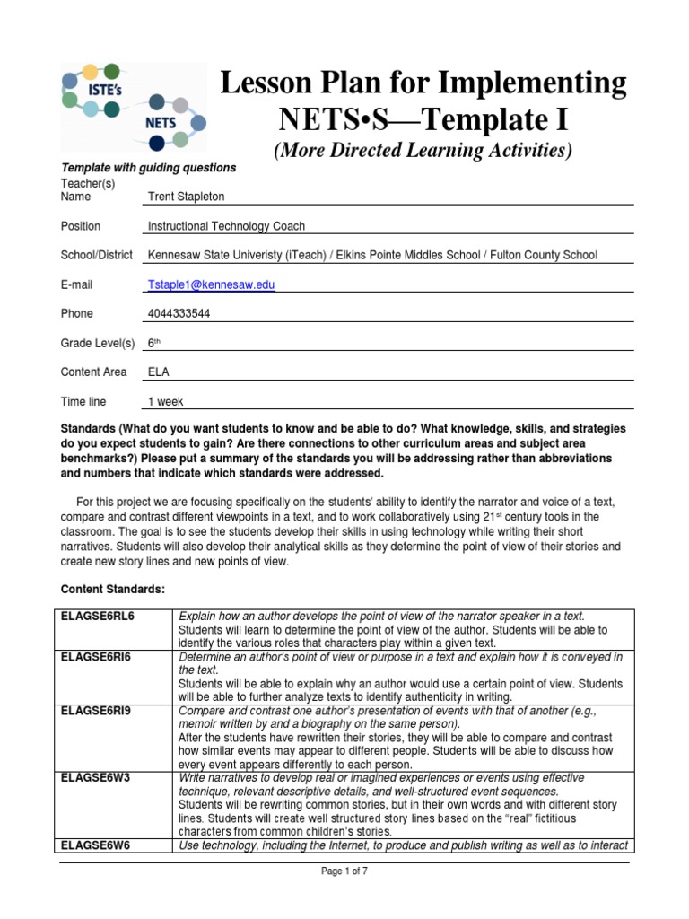 Lesson Plan For Implementing NETS - S-Template I: (More Directed ...