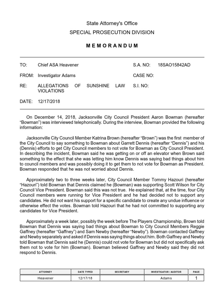 State Attorney's Office Special Prosecution Division: Memorandum | PDF ...