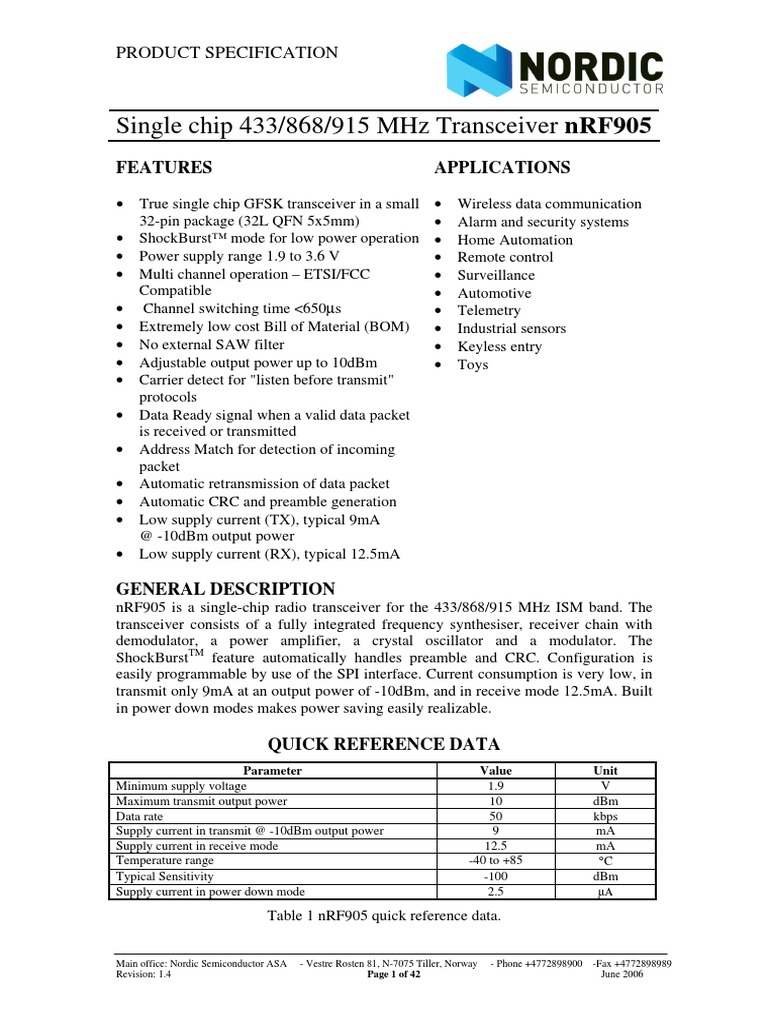 Product Specification NRF905 | PDF | Microcontroller | Network Packet