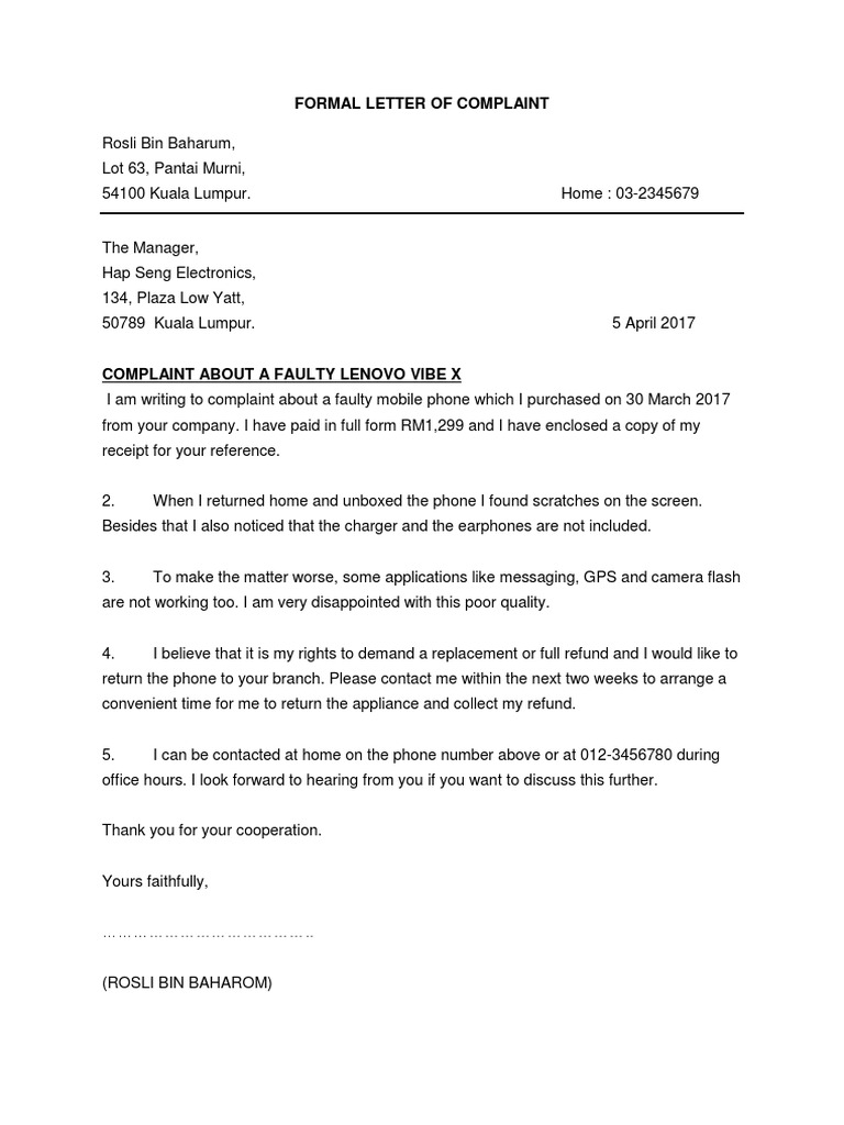 Formal Letter Of Complaint-Sample | Pdf | Consumer Electronics | Mobile  Phones