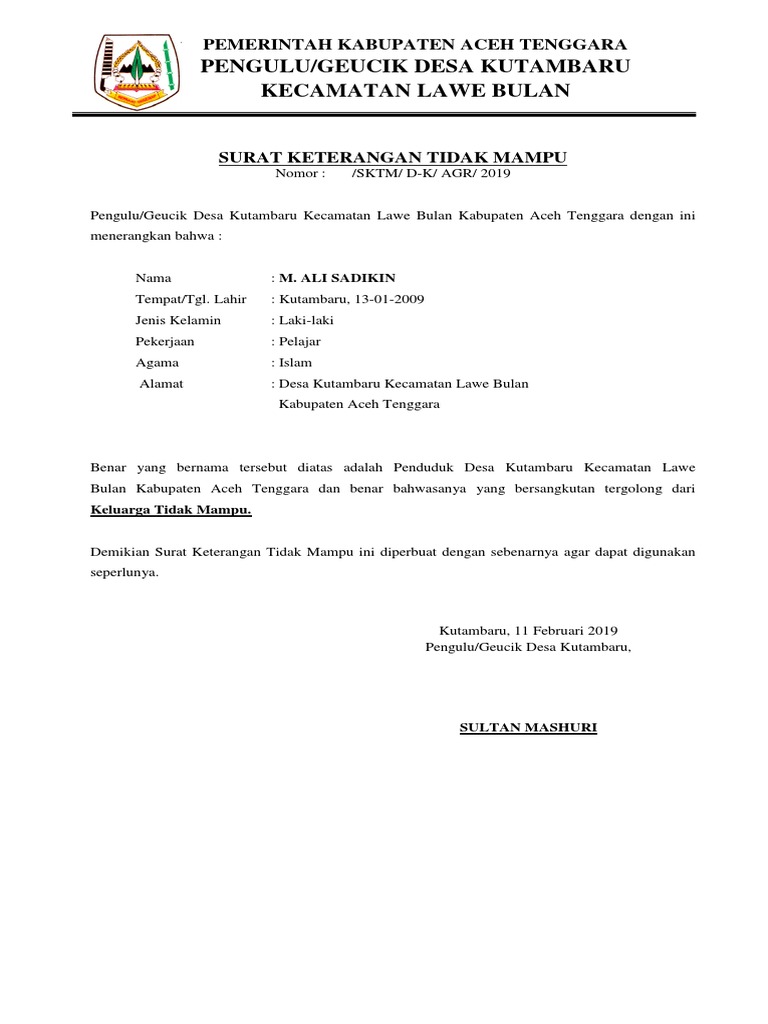 Surat Keterangan Tidak Mampu Desa Lawe Rutung 2013
