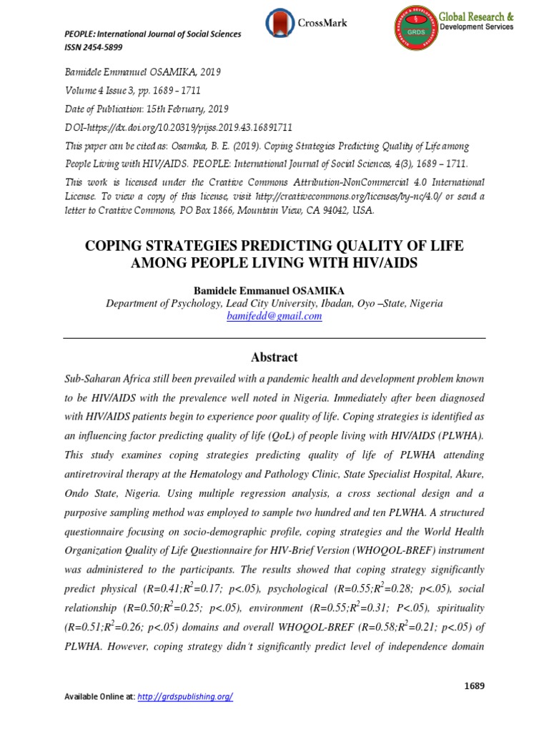 Coping Strategies Predicting Quality of Life Among People Living With ...