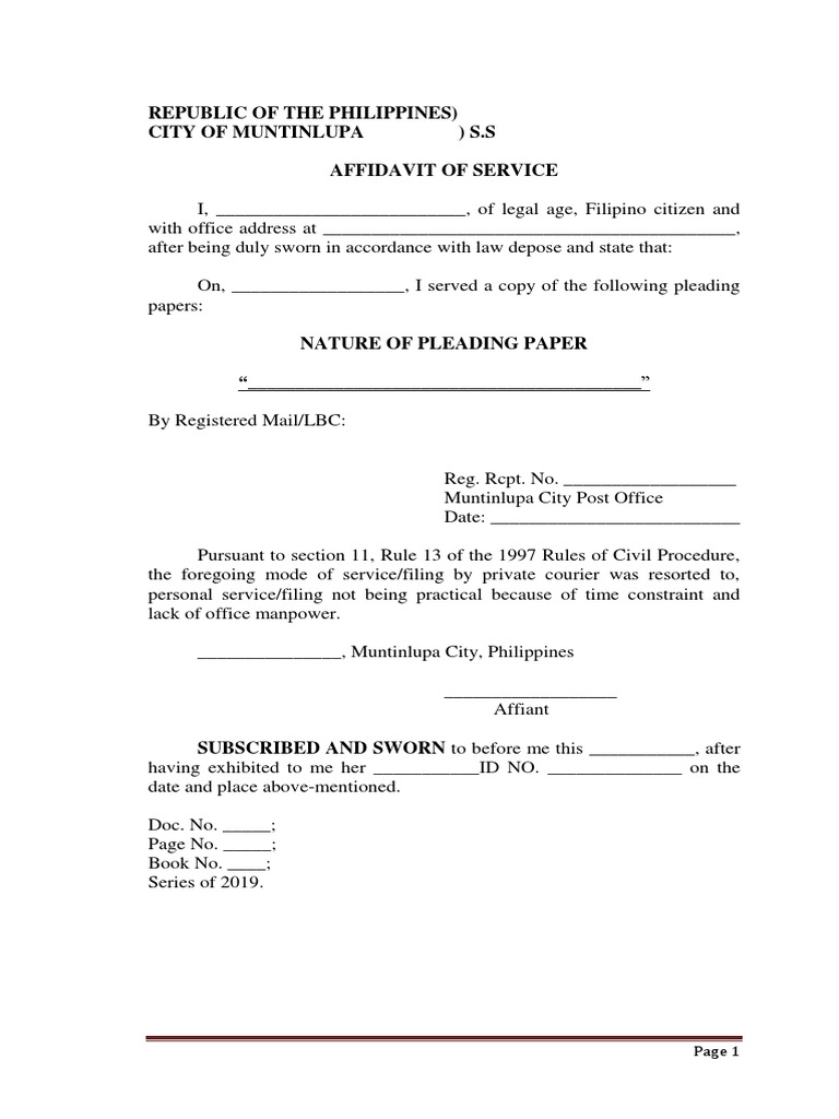 Affidavit of Service Template Philippines | PDF | Affidavit ...