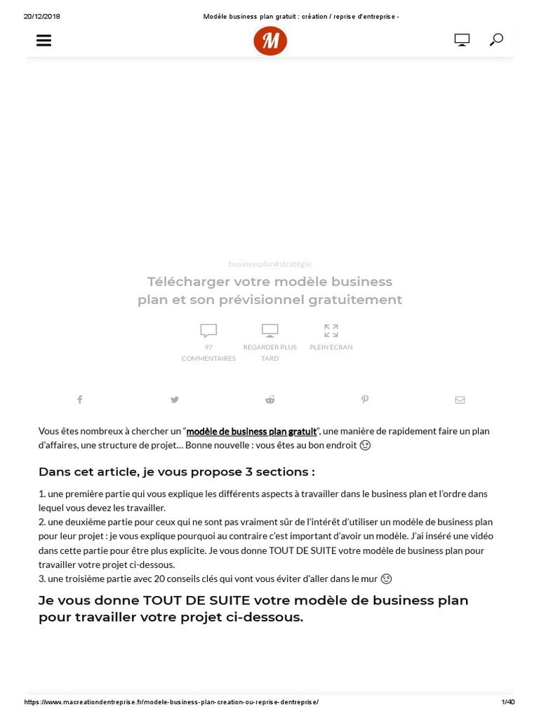 Modele De Business Plan Gratuit Doc Modèle Business Plan Gratuit - Création - Reprise D'entreprise | PDF | Plan  d'affaires | Dé