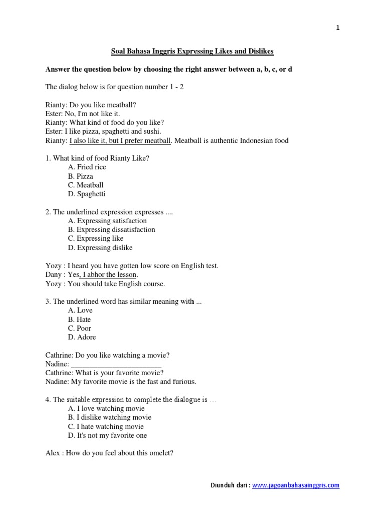 Soal Bahasa Inggris Expressing Likes And Dislikes Cuisine Foods