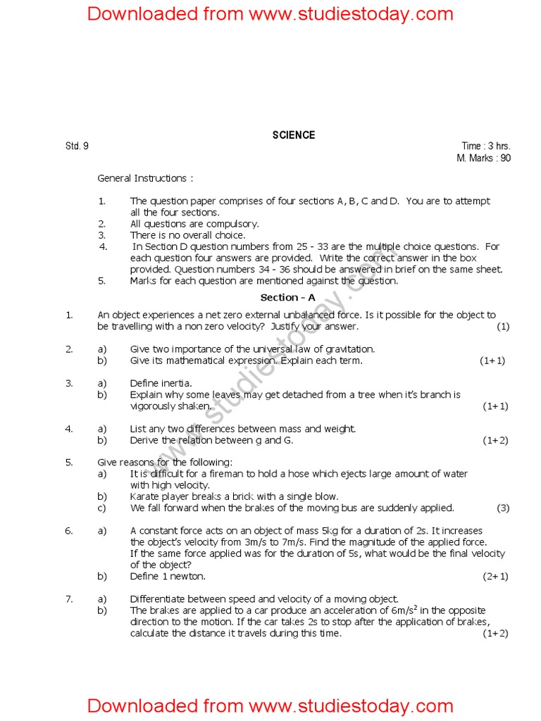 CBSE Class 9 Science Sample Paper Set A | PDF | Velocity | Solution