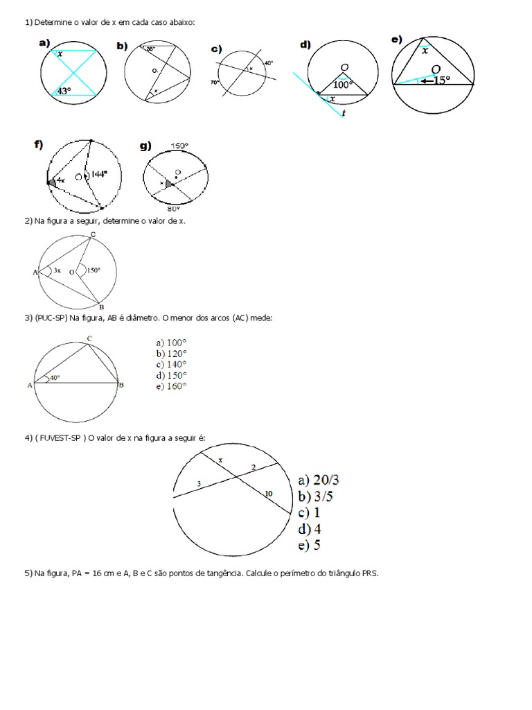 Exercícios Sobre Angulos Na Circunferencia | PDF
