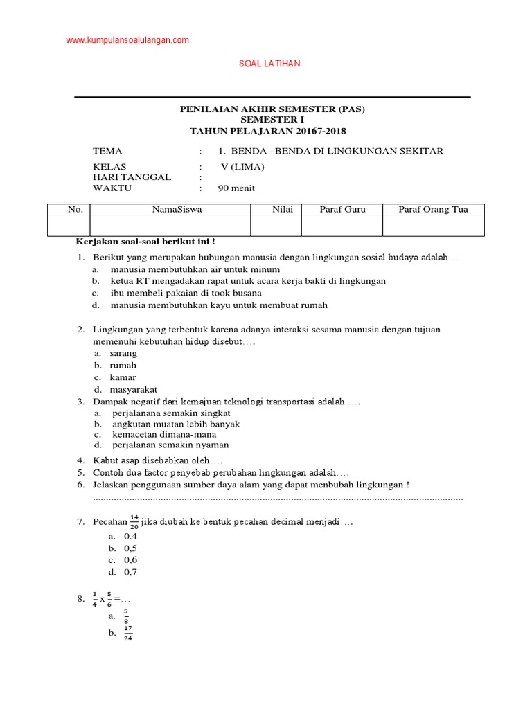 Soal Uas Tematik Kelas 5 Tema 1 Semester 1 Pdf