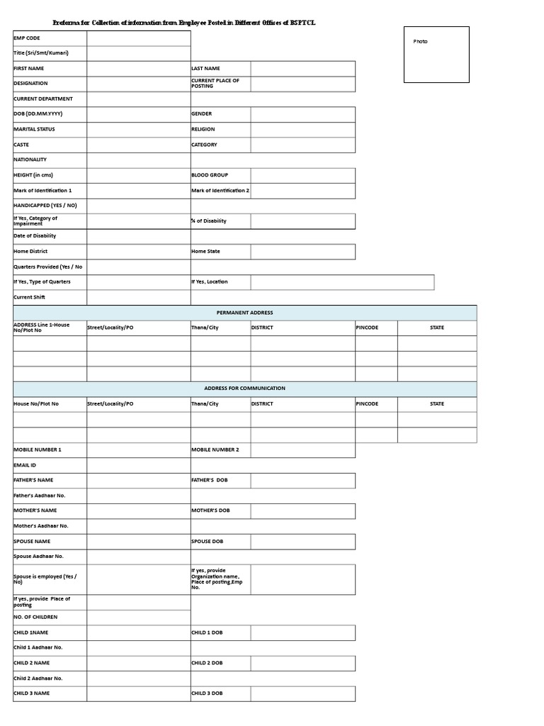 Proforma For Collection of Information From Employee Posted in