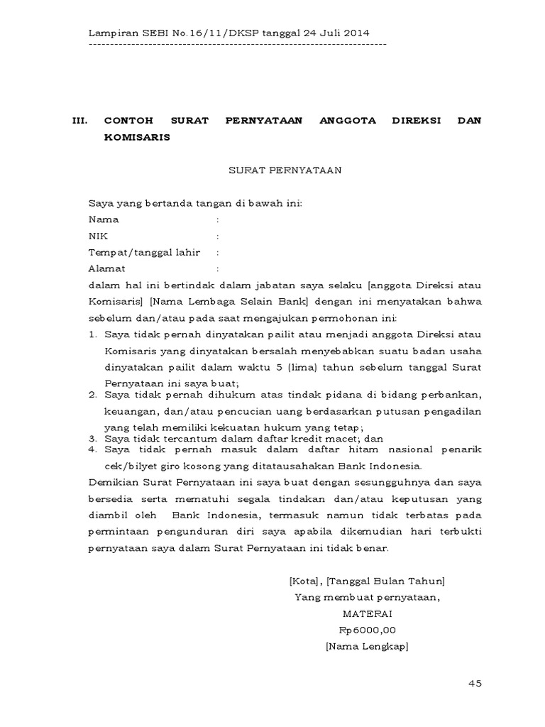 Contoh Surat Pernyataan Anggota Direksi Dan Komisaris