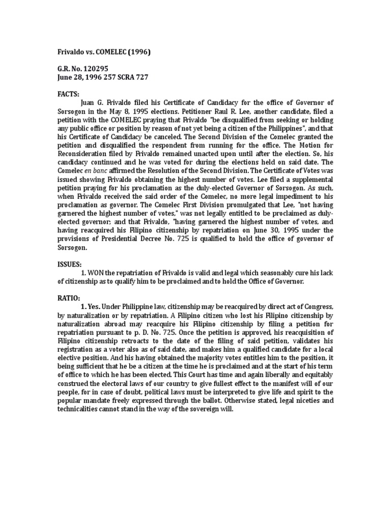 G r no 120295 june 28 1996 257 scra 727 frivaldo vs comelec 1996