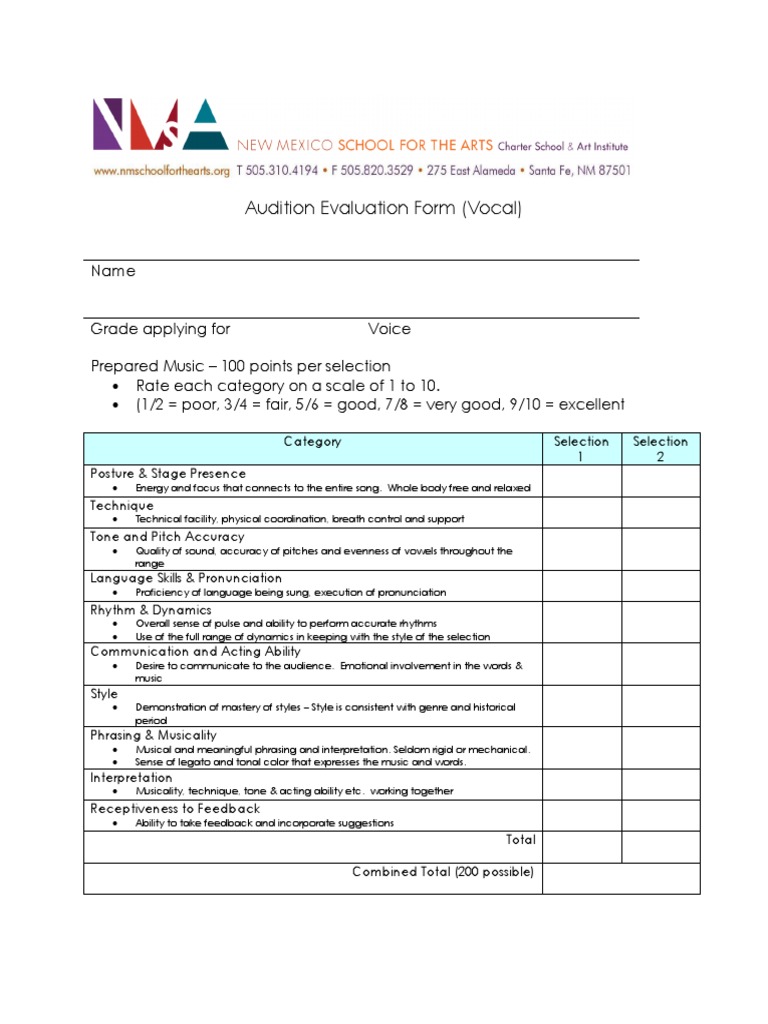 Vocal Audition Rubric PDF Audition Tone (Linguistics)