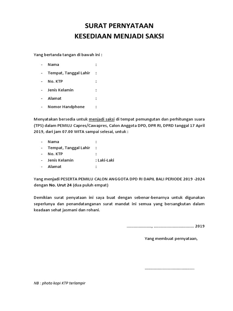 Surat Kesediaan Menjadi Saksi TPS | PDF