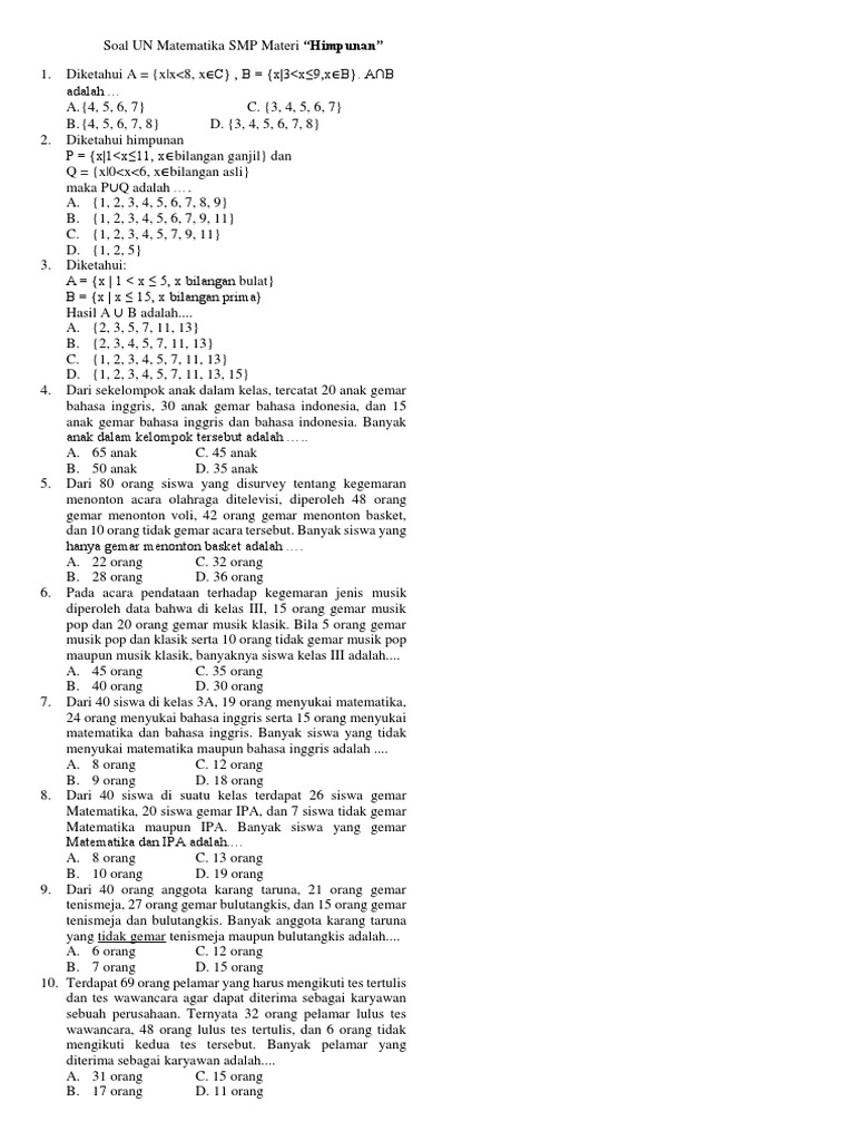 Soal Un Matematika Smp Materi Himpunan