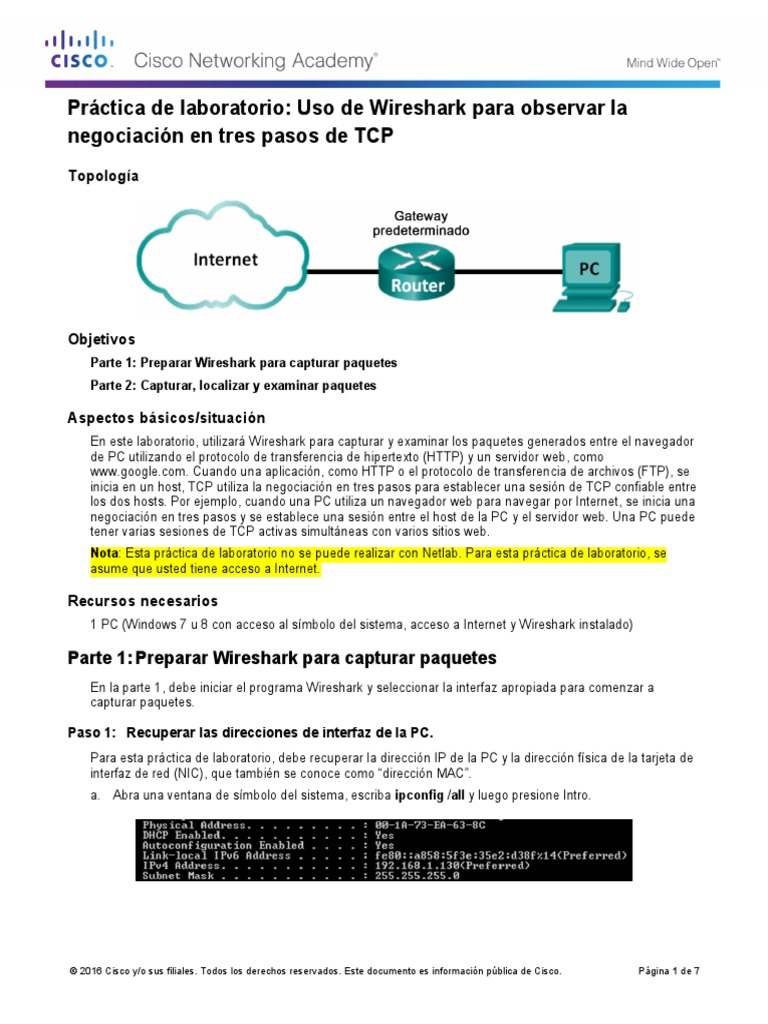 9.2.1.6 Lab - Using Wireshark To Observe The TCP 3-Way Handshake PDF ...