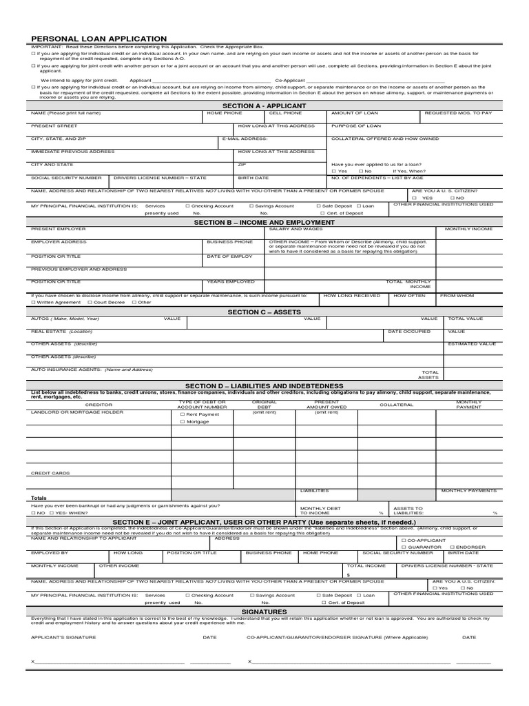 Personal Loan Application Form | PDF | Debt | Mortgage Loan
