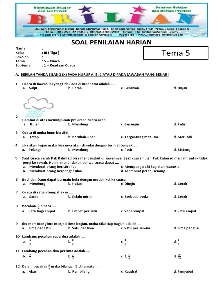 Soal Tematik Kelas 3 Sd Tema 5 Cuaca Subtema 1 Keadaan Cuaca Dan Kunci Jawaban Www Bimbelbrilian Com