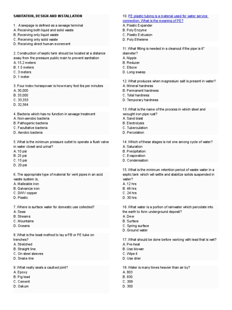 Sanitation Online Exam PDF Plumbing Pump