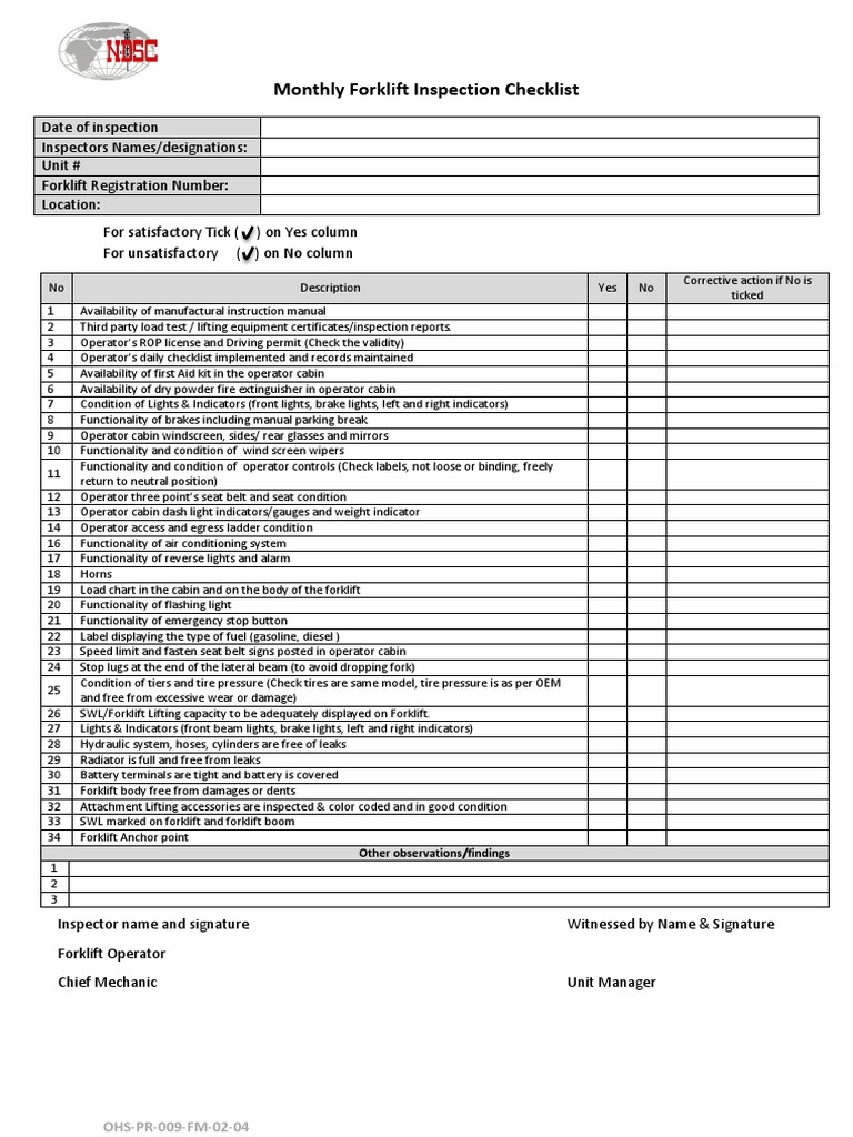 Monthly Forklift Inspection Checklist OHS PR 009 FM 01 0412 PDF