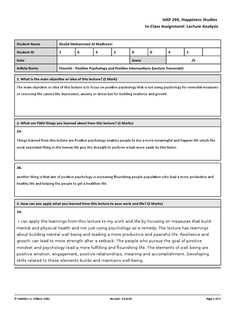 HAP 200, Assignment, Flourish Lecture, Analysis | PDF | Positive ...