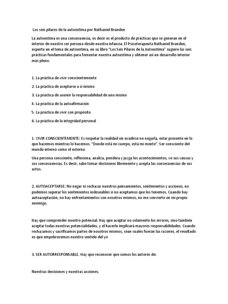 Los Seis Pilares de La Autoestima Por Nathaniel Branden | PDF | Vida ...