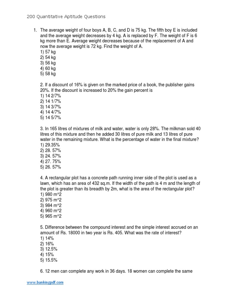 200 Quantitative Aptitude Questions PDF | PDF | Percentage | Pie Chart