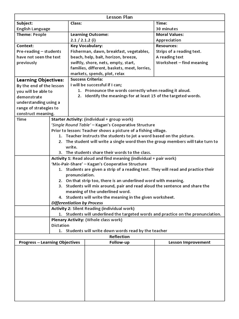 Learning Objectives:: Lesson Plan | Download Free PDF | Reading ...