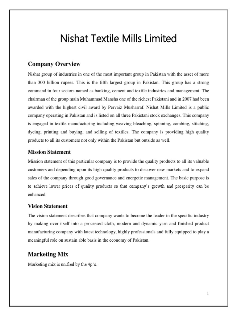 Nishat Textile Mills Limited Marketing Report PDF Swot Analysis