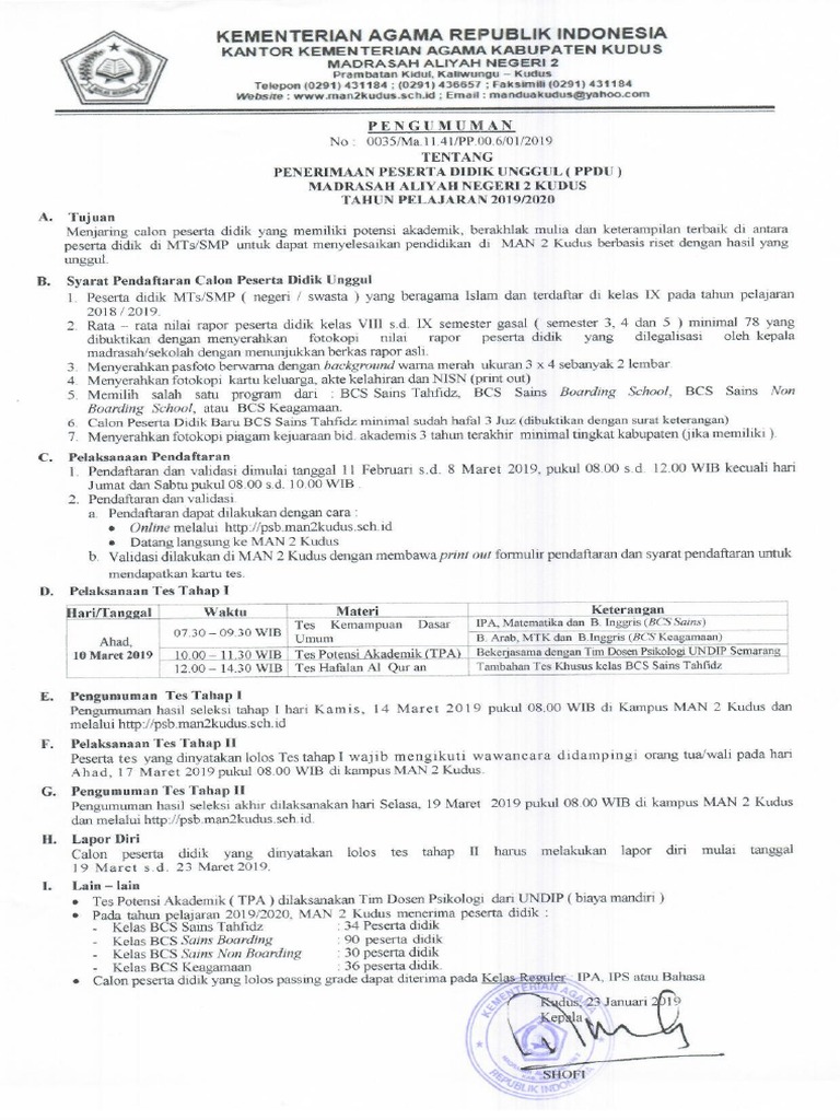 Pengumuan Ppdu Man 2 Kudus Tp 2019 2020