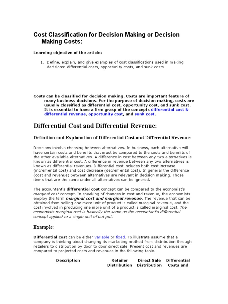 Differential Cost and Differential Revenue Download Free PDF Cost