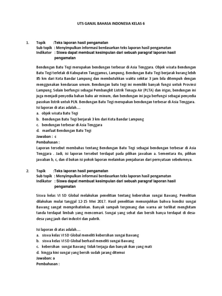 Soal Ulangan Teks Laporan Hasil Observasi Kelas 9