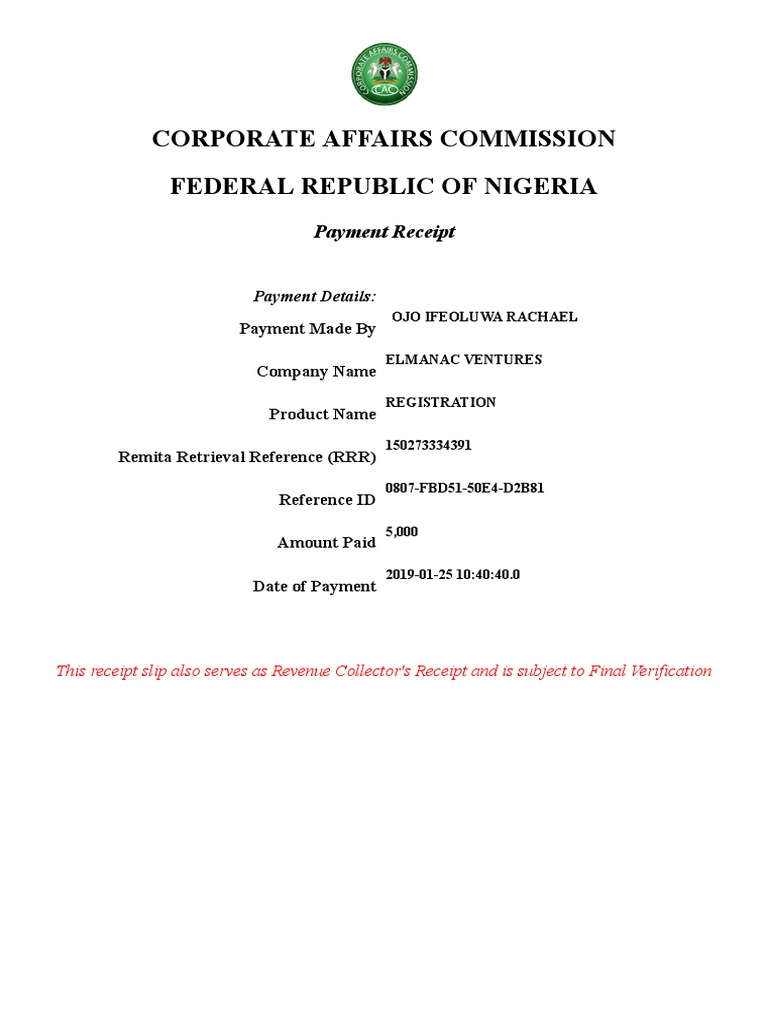 Registration Payment Receipt Nigeria | PDF