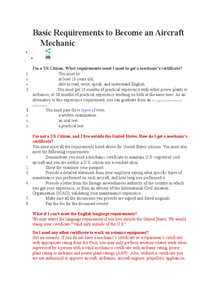 AVIATION MECHANIC REQUIREMENTS intelligence overview