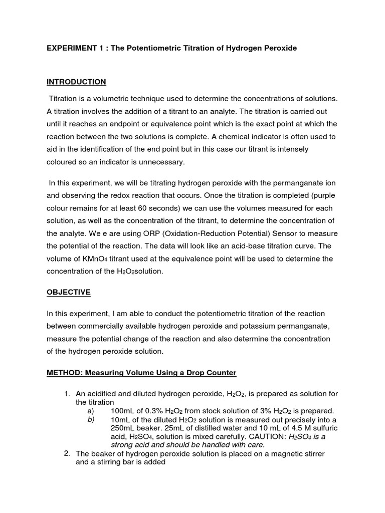 Experiment 1 The Potentiometric Titration of Hydrogen Peroxide PDF